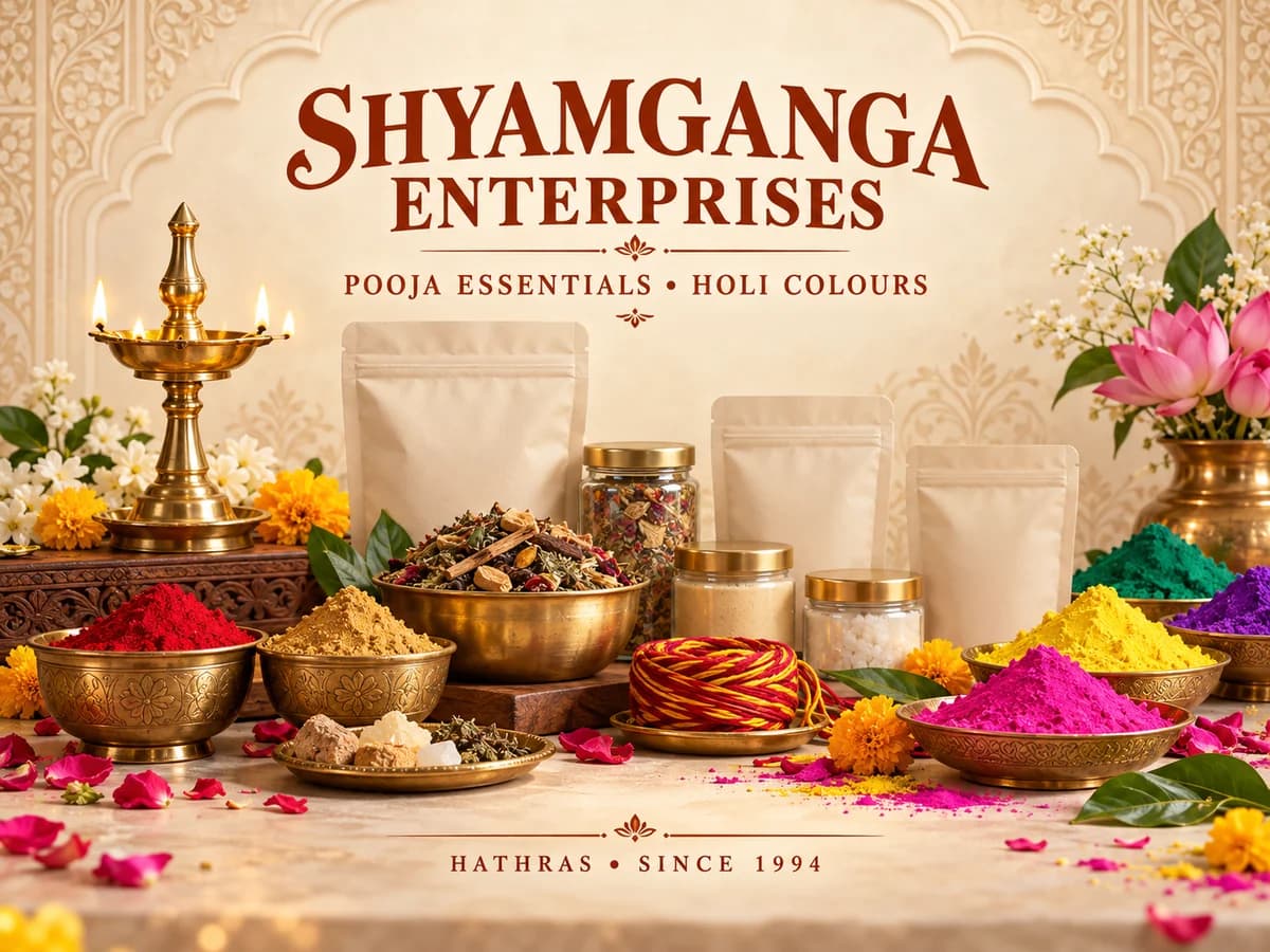 Shyamganga Enterprises product-range poster featuring pooja essentials and Holi colours, Hathras since 1994