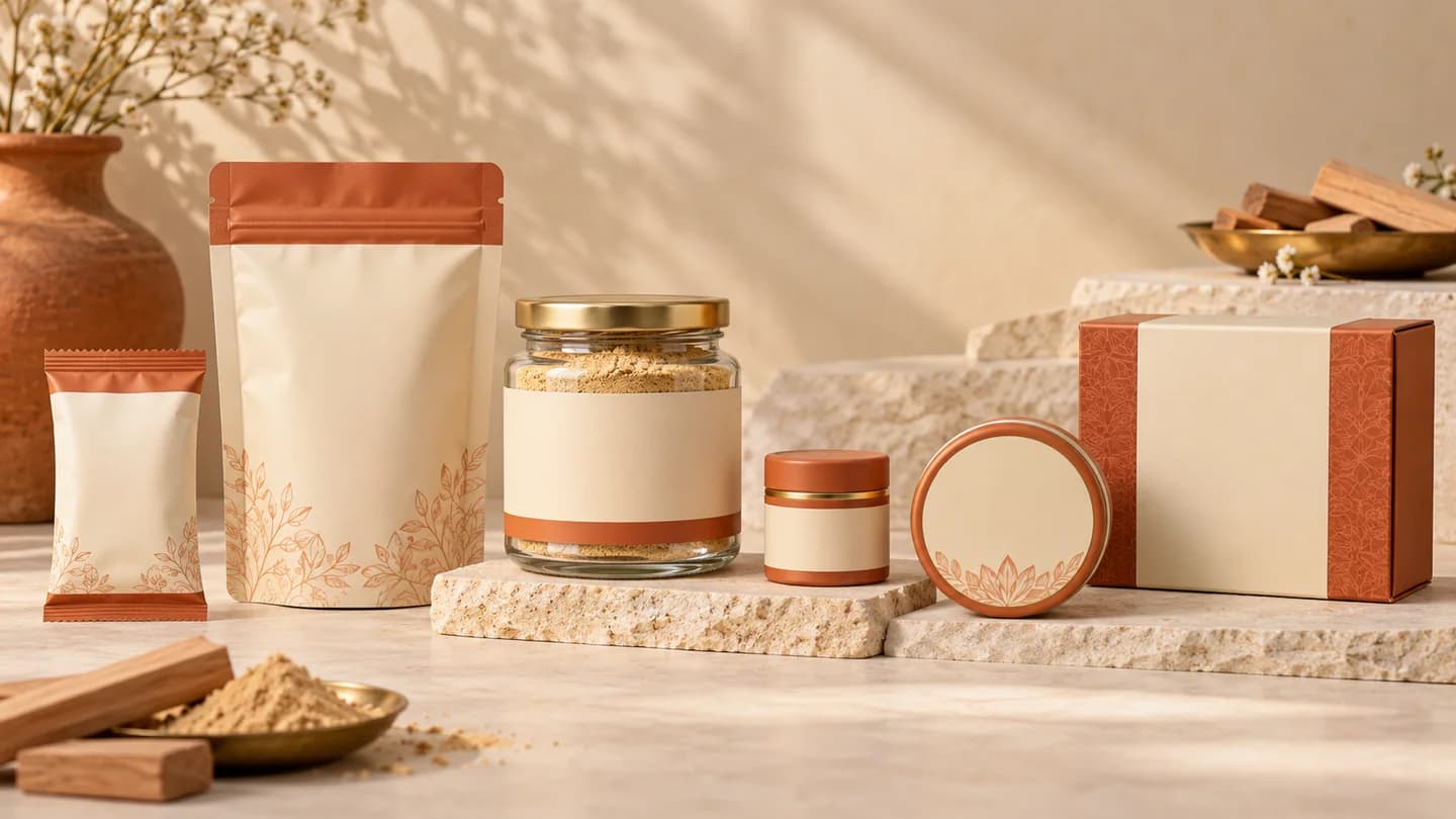 Packaging concepts showing a sachet, stand-up pouch, jar, dibbi, tin and gift carton