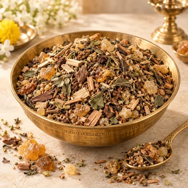 Hawan samagri with dried herbs, wood and resin in a brass bowl