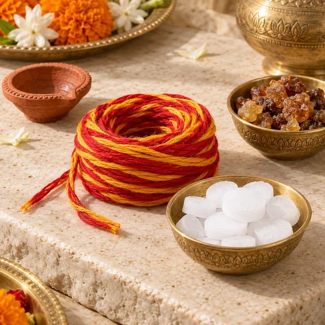 Kalawa sacred thread, camphor tablets, guggal resin and a diya