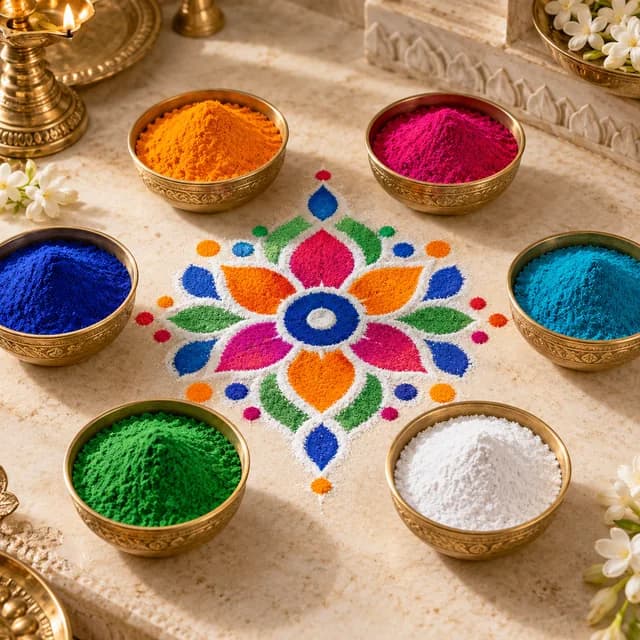 Colourful rangoli powders arranged around a traditional rangoli pattern