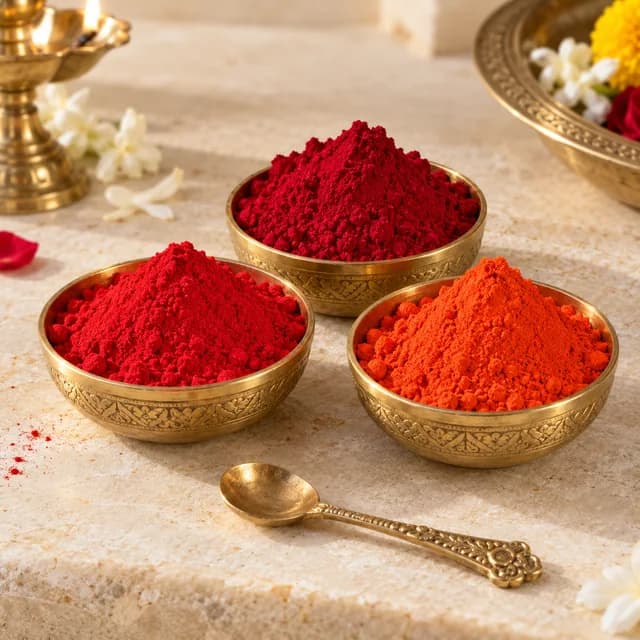 Brass bowls of red roli, crimson kumkum and orange sindoor