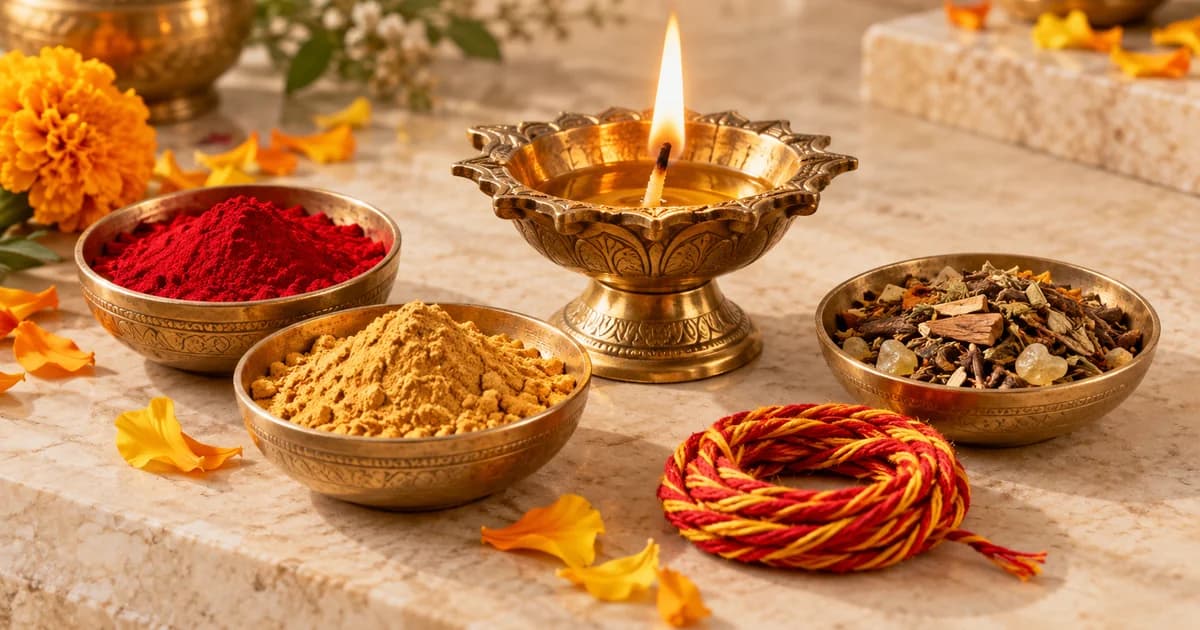 Pooja essentials including roli, chandan, hawan samagri and kalawa