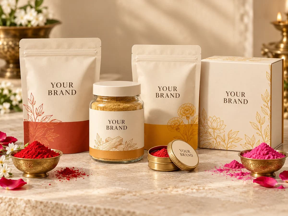 Custom-brand packaging concept with pooja and Holi product pouches, a jar and a gift box
